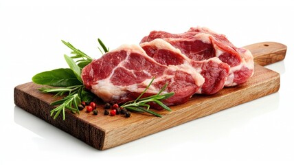 Fototapeta premium Fresh cuts of meat displayed on a wooden board with herbs and spices.
