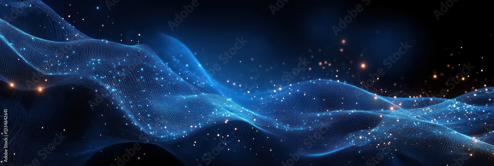 Aufkleber futuristic abstract digital art with glowing blue wireframe waves connected nodes and smooth gradien