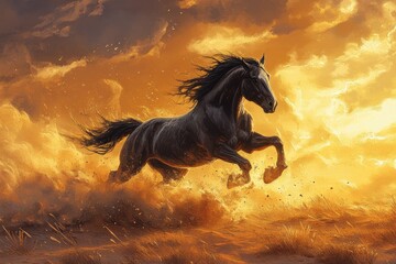 Black Horse Running Golden Sunset Dramatic Gallop Wild Freedom,