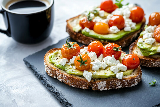 Savory avocado toast with cherry tomatoes and feta cheese served with coffee
