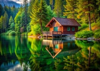Obraz premium Serene Lakeside Cabin: Peaceful Cottage Retreat with Copy Space for Text