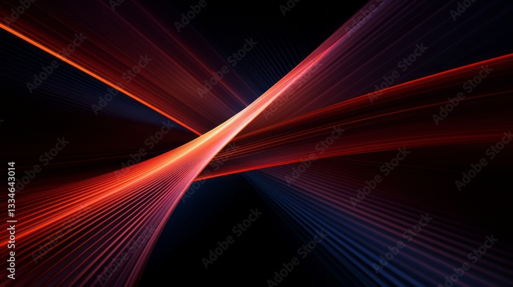 Poster dynamic interplay of vibrant red and deep blue light streaks against a stark black backdrop creating