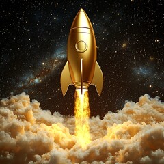 A golden rocketship ascending from clouds into a starry space