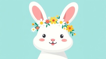 Easter bunny greeting card. Easter bunny with a wreath on his head on a blue background