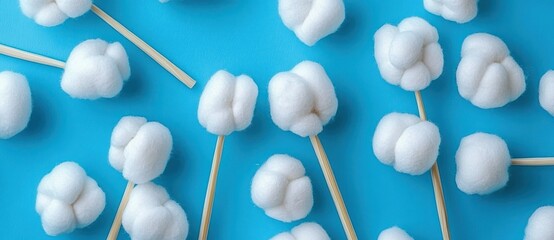 Cotton Balls and Cotton Swabs on Vibrant Cyan Background in Minimalist Style