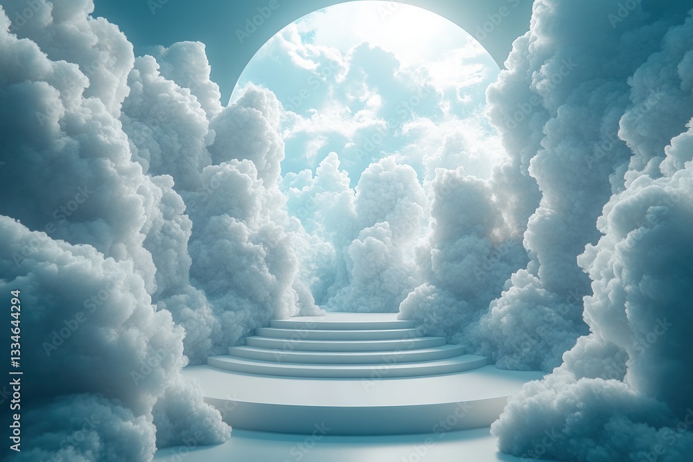 Poster minimalist surreal pastel background with clouds and circular platform