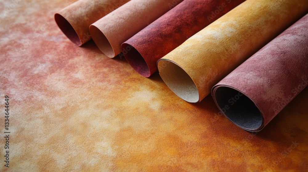 Poster earthy toned textured paper rolls arranged diagonally, creating a warm and organic background for cr