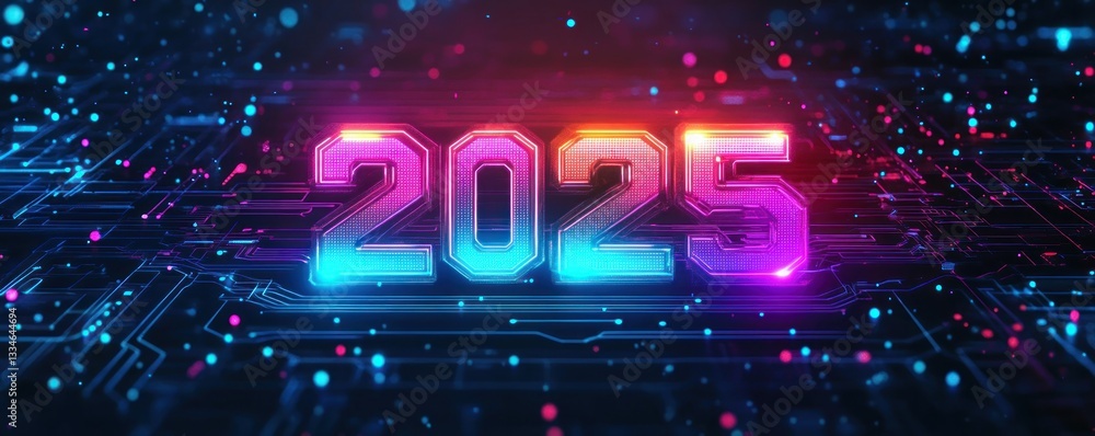Poster futuristic digital art design 2025 with circuit patterns and neon waves for tech new year celebratio