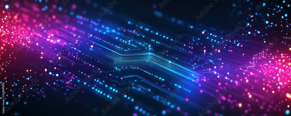 Poster futuristic digital design with neon circuitry and abstract waveforms in high contrast lighting