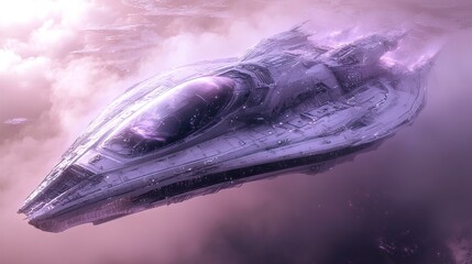 A futuristic spacecraft travels rapidly across a cloud filled sky