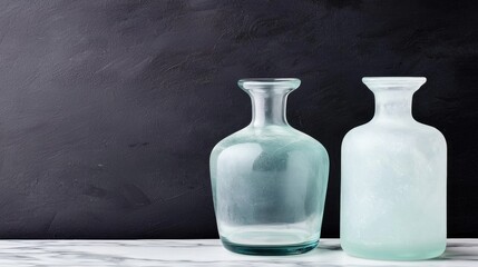 Two glass vases of different shapes and sizes sit on a marble countertop against a black background.