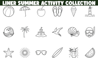 Summer Beach Vacation Liner Icons Activities, Fun, and Relaxation