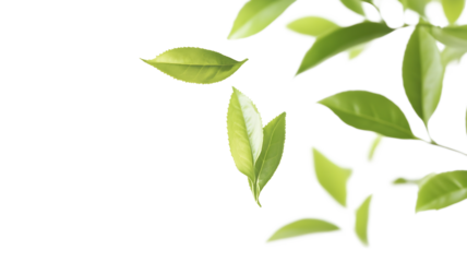 A row of green leaves is shown in the air, with some of them falling to the ground. Concept of movement and growth, as the leaves are in various stages of falling and being blown by the wind