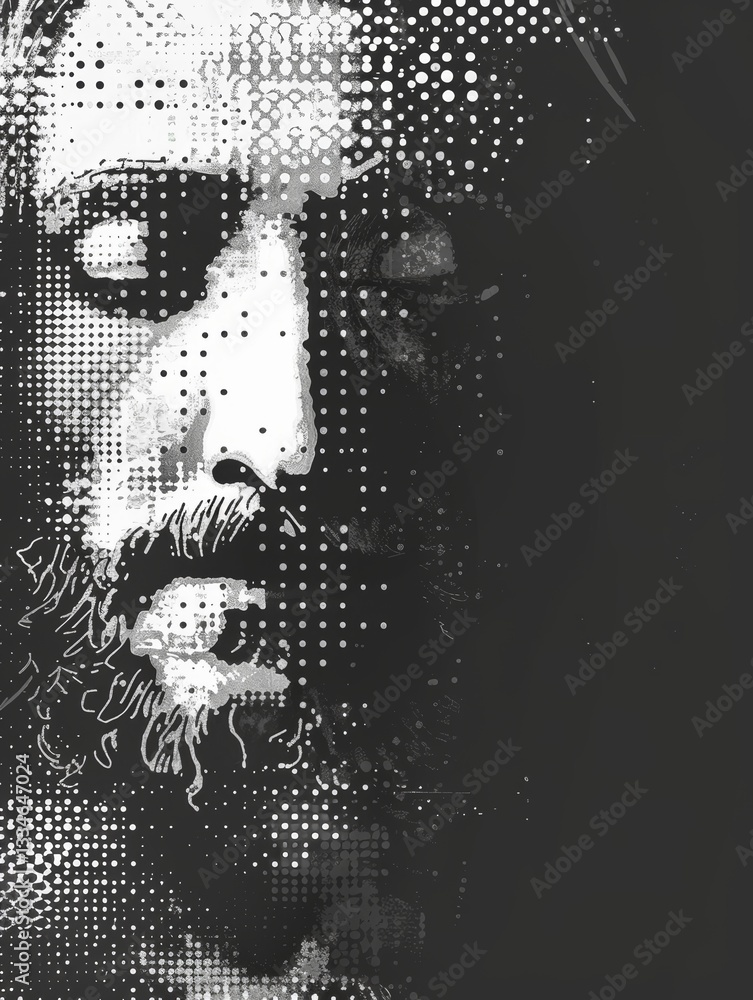 Aufkleber minimalist portrait of jesus face created using simple pixels and dots in high contrast