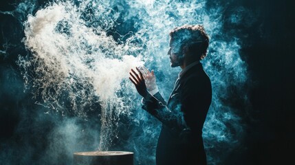 Obraz premium Silhouette of a man in a cloud of dramatic smoke