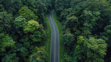 Aerial View of Semi Truck on Winding Road Through Green Forest Landscape