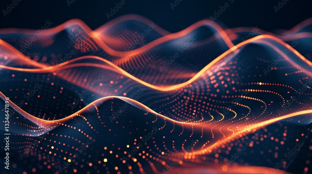 Poster elegant abstract wave pattern with flowing orange lines and dots against a dark blue gradient backgr