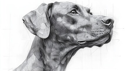 Detailed Illustration of a Dog's Head in Geometric Style with Fine Lines and Shading