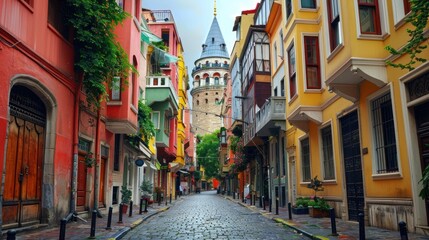 Naklejka premium Charming Istanbul Street Scene with Colorful Buildings and Distant Galata Tower
