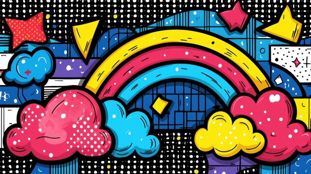 Colorful abstract background with rainbow clouds stars and geometric shapes in a playful style
