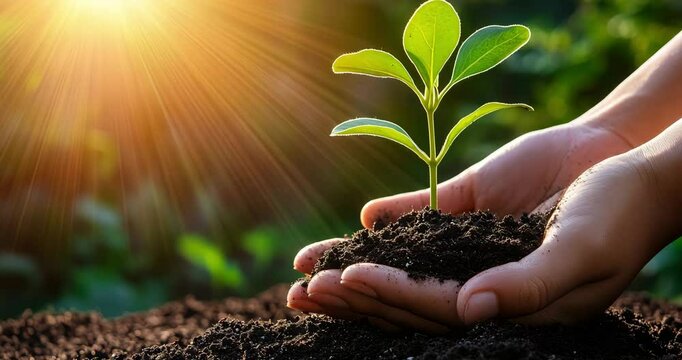 Sunlit Plant Cradled in Human Hands