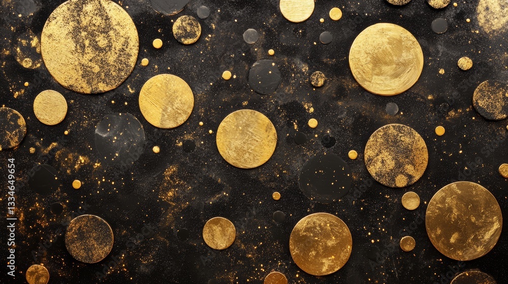 Poster elegant and glamorous abstract composition featuring golden and black circular shapes with glittery 