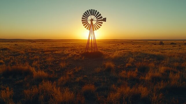 Rustic windmill at sunset in a golden prairie