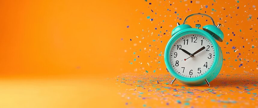 Happy New Year 2025 Celebration Background with Vintage Clock and Orange Glitter Decor