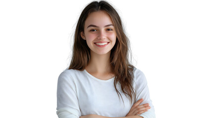 Fototapeta premium A woman with long brown hair is smiling and wearing a white shirt. She is posing for a picture and has her arms crossed