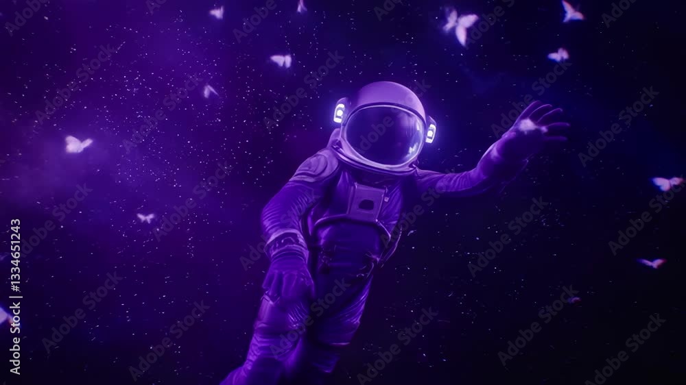 Poster an astral scene featuring an astronaut floating in a cosmic space with ethereal butterflies amidst a