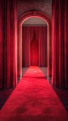 Fototapeta premium Elegant red carpet entrance with draped curtains creating a striking and luxurious atmosphere in an indoor setting