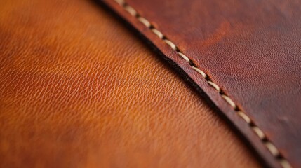 A close-up view of a leather surface with a diagonal stitch line.