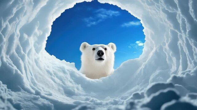Polar bear peeks out from snow cave under bright blue sky in remote icy landscape during a winter day