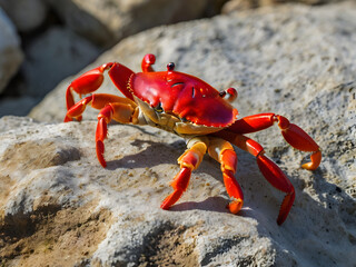 Vibrant Red Crab on Rock: A striking red crab with contrasting hues is captured perched on a rugged rock, showcasing the intricate detail of its form in a vibrant and captivating scene.