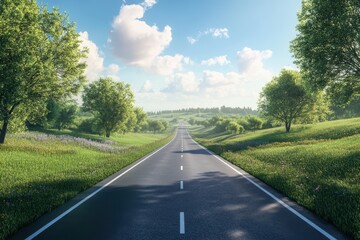 Fototapeta premium Scenic countryside road winding through lush green fields and trees on a sunny day