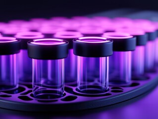 Collection of laboratory test tubes glowing with purple light, showcasing scientific creativity.