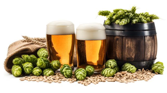 A wooden barrel is filled with green barley and two glasses of beer are on top of it