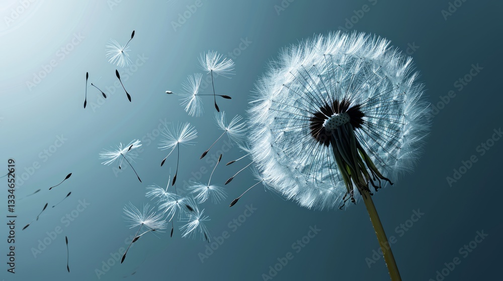 Poster minimalistic abstract background of a dandelion with seeds blowing in the wind