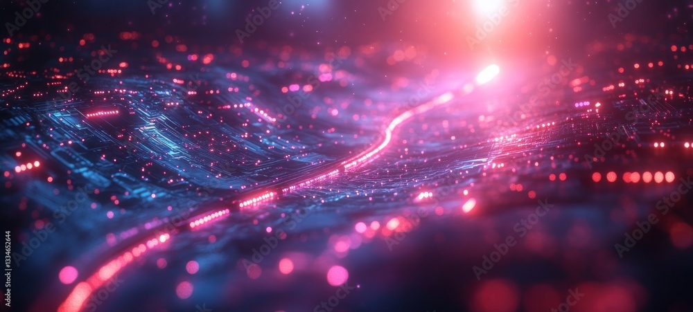 Poster futuristic digital art with circuit patterns and neon cyberpunk waves in technology background
