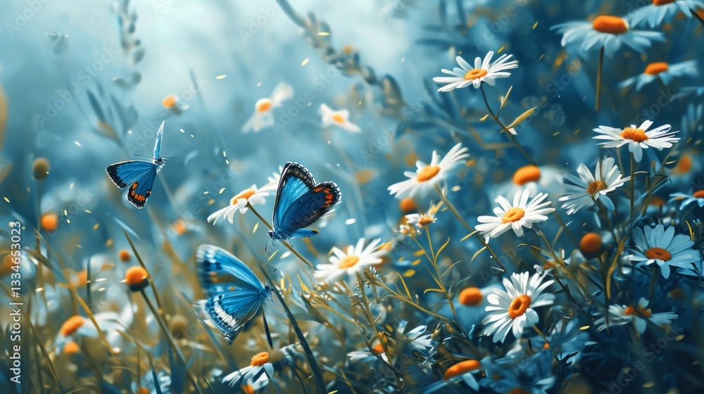 Poster minimalistic abstract background with daisies and flying butterflies in close up