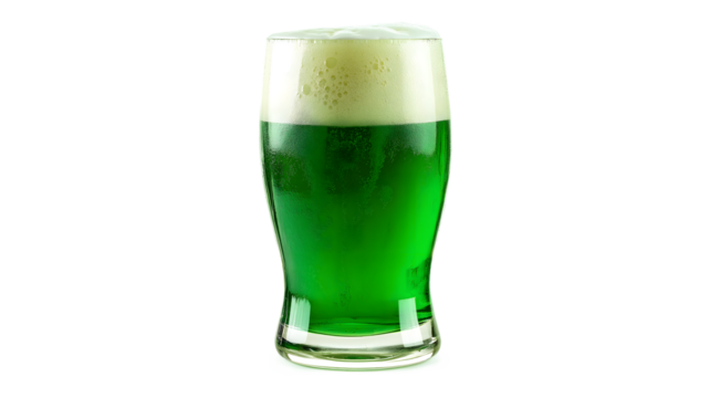 A green glass of beer sits on a white background. The beer is frothy and has a greenish tint - Powered by Adobe