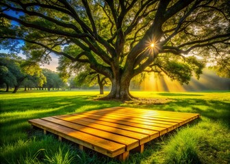 Obraz premium Serene Summer Scene: Yellow Wooden Platform Under Oak Tree