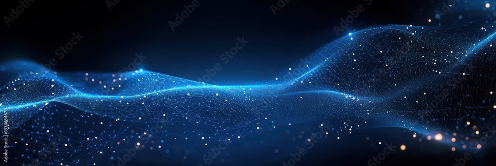Poster abstract futuristic digital art with glowing blue wireframe waves connected nodes minimalist composi