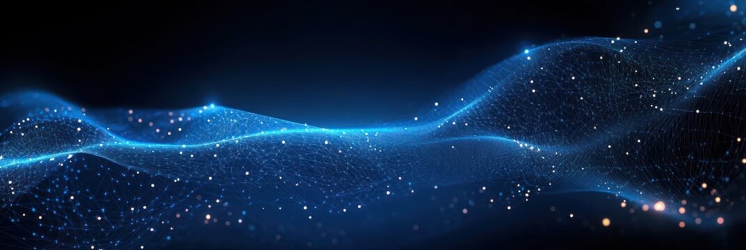 Abstract Futuristic Digital Art with Glowing Blue Wireframe Waves Connected Nodes Minimalist Composition