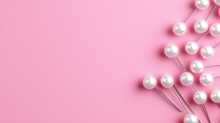 Obraz premium Colorful sewing pins with pearl heads arranged on a pink background.