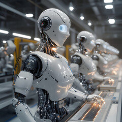Fototapeta premium Futuristic Robots Working on Assembly Line in Factory