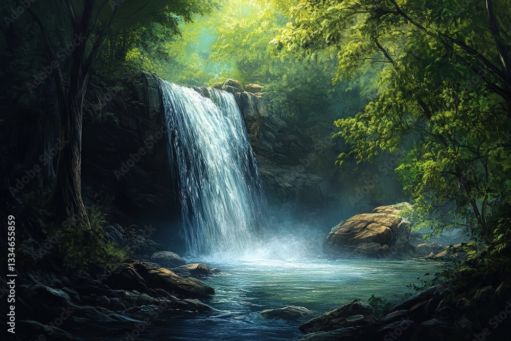 Aufkleber hidden waterfall flows into serene pool within a lush forest setting during midday sunshine illumina