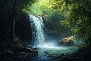 Fototapeta premium Hidden Waterfall Flows Into Serene Pool Within a Lush Forest Setting During Midday Sunshine Illuminating the Scene