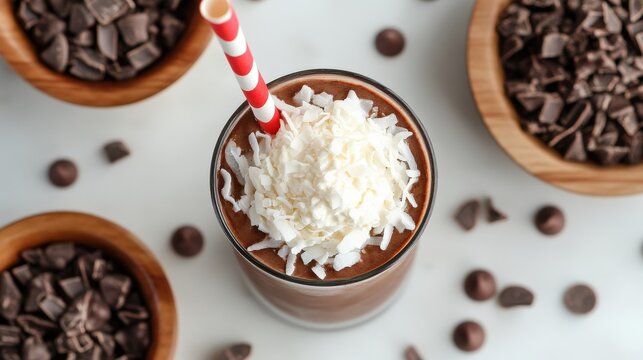Rich chocolate smoothie topped with coconut, alongside chocolate chips. A cozy, inviting treat