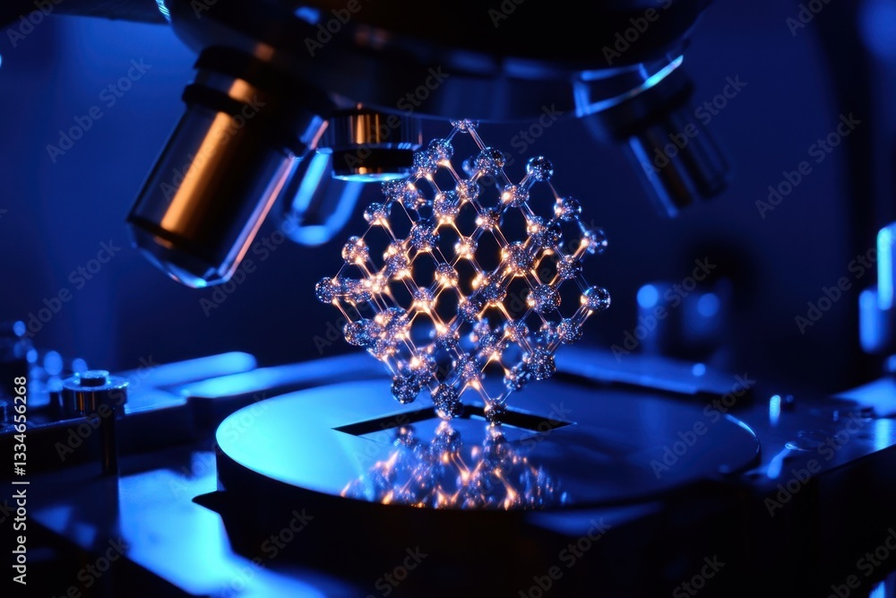 Poster scientific experiment revealing intricate structure under microscope in laboratory setting